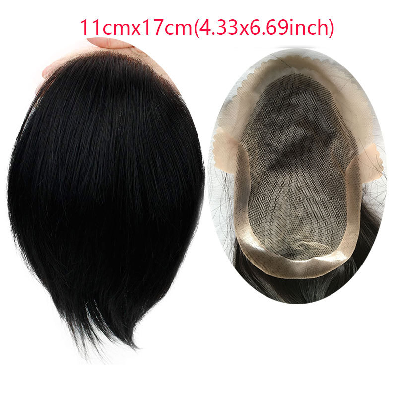 Men's Toupee Hairpieces 100%Virgin Human Hair Replacement System Hair Topper Pieces for Men French Lace Net with PU Base Size 4.33x6.69 inch 1B Black 