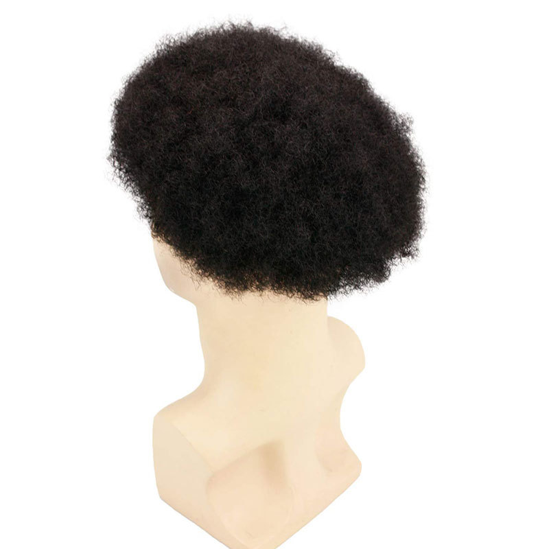 Pwigs African American Wigs Mono Lace with PU Base Mens Hairpiece 150%Density Afro Tight Curly Human Hair Toupee #1B Black 10x8inch