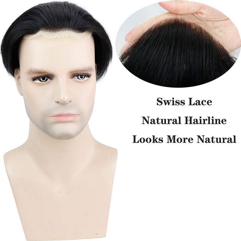 Men's Toupee Hairpieces 100%Virgin Human Hair Replacement System Hair Topper Pieces for Men French Lace Net with PU Base Size 4.33x6.69 inch 1B Black 