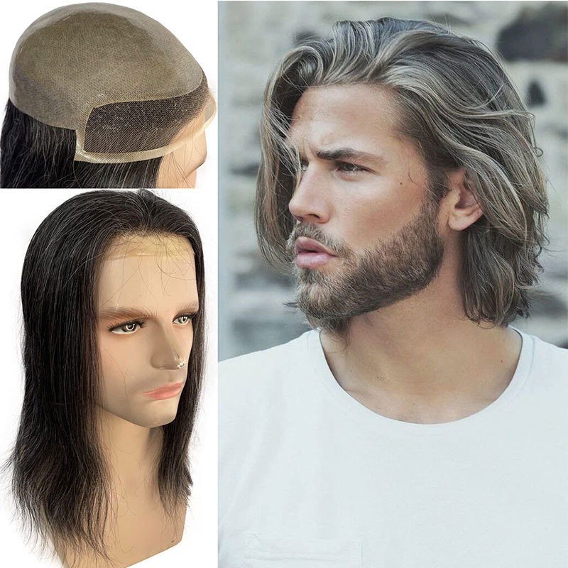 12" Long Hair Men's Toupee Hair Replacement Systems Swiss Lace Front Natural Hairline Hairpieces Thin Skin PU V-looped 10"x8" Base Size