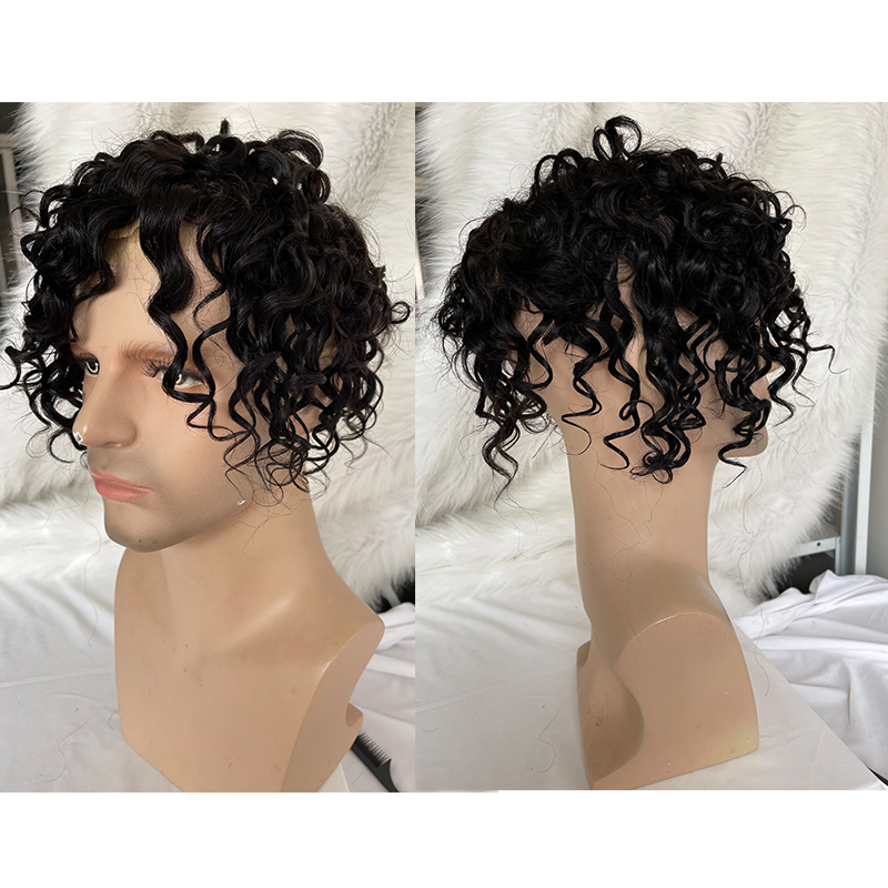 Toupee For Men Full French Lace Hairpiece Replacement System #1B Off Black 10X8 Loose Curly