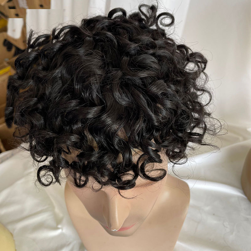 Pwigs Deep Wavy Human Hair Toupee Curly Mono Lace Skin Around Pu Toupee For Men Wave Replacement System Curly Wigs 10x8inch 1B Color