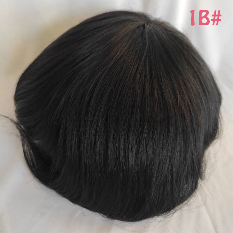 Pwigs Hairpiece Men'S Toupee Hair Replacement System Bleach Knot Natural Hairline Hairpiece Thin Skin Black Human Hair Poly Toupee