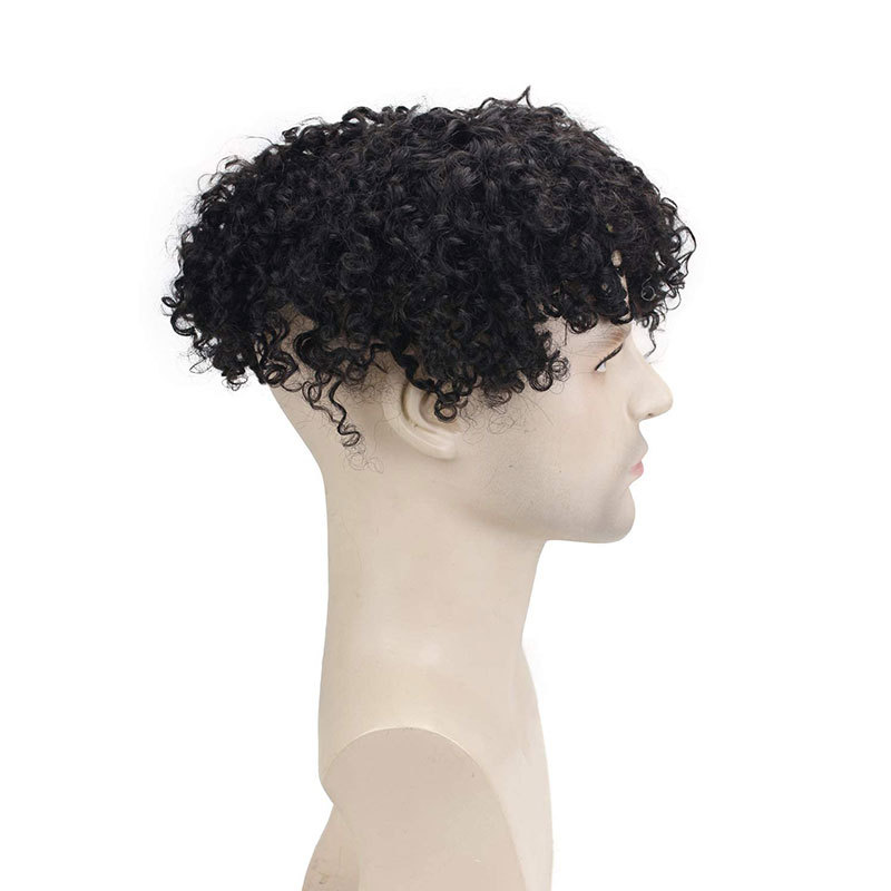 Pwigs Toupee for Men Human Hair Replacement System Hairpieces Soft Thin Super Full Swiss Lace Toupee 10”x8” Base Small Curly Natural Black Color