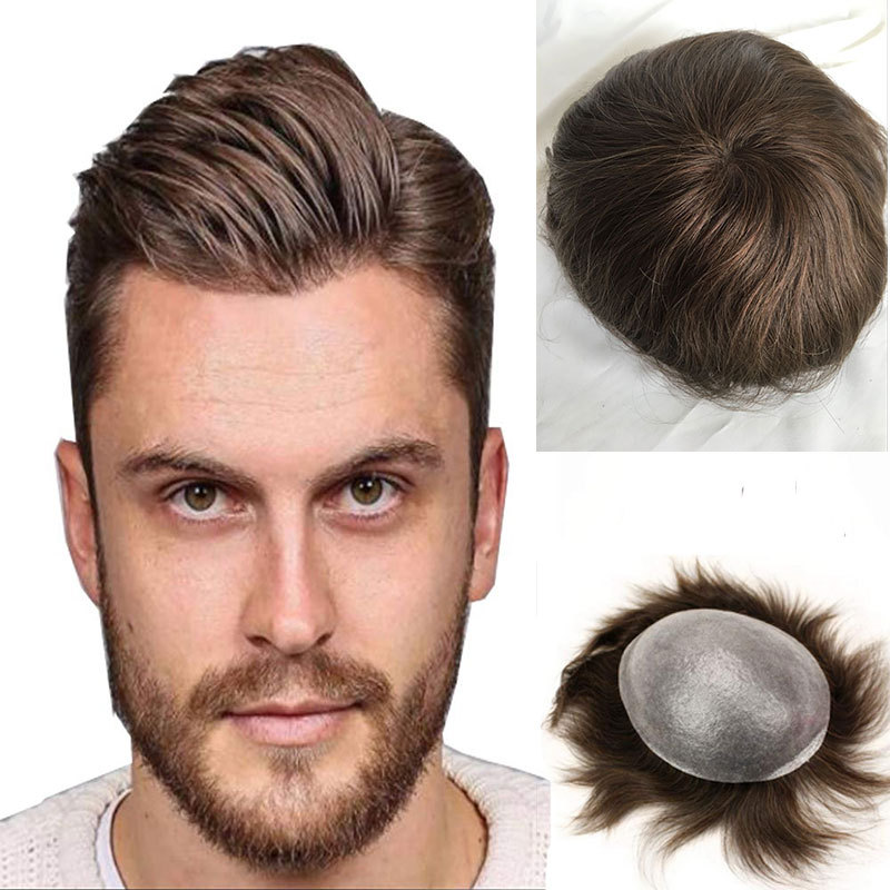 Toupee for Man Ultra Thin Skin PU Men's Hairpiece European Virgin Human Hair Replacement System Pieces 10x8inch #4 Light Brown Color