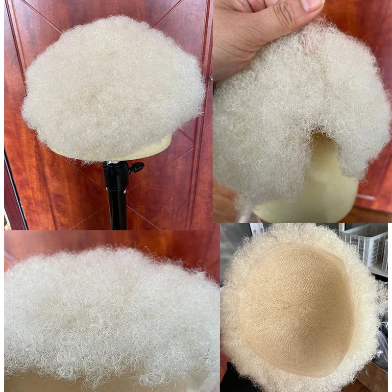 African American Wigs Full Swiss Lace Afro Curly Human Hair Pure White Hair 10x8inch Toupee For Men Human Hair Men's Toupee