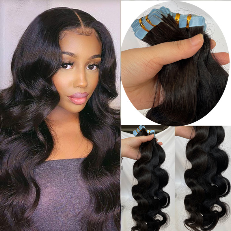 Remy Hair Extensions Tape in Hair Extensions Human Hair Tape in Black Wavy Body Wave 40pcs/100g Hair Extensions