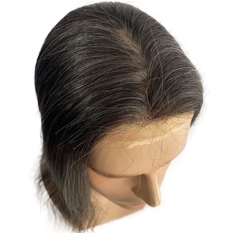 12" Mens Toupee Hair Replacement Systems Swiss Lace Front Natural Hairline Hairpieces Thin Skin PU V-looped 10"x8" Base 1B Black Mixed 20% Grey Synthe