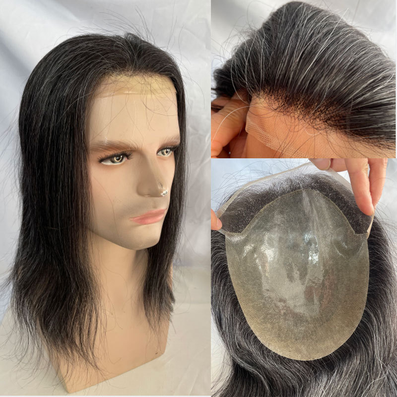 12" Mens Toupee Hair Replacement Systems Swiss Lace Front Natural Hairline Hairpieces Thin Skin PU V-looped 10"x8" Base 1B Black Mixed 20% Grey Synthe