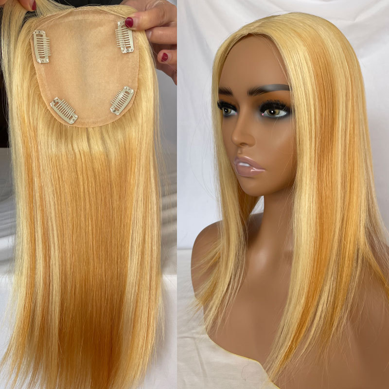 16Inch Human Hair Middle Part Silk Base Topper 4.7x5" Silk Base Closure Top Hairpieces Replacement Clip in Crown Toupee Topper Hair Pieces for Women