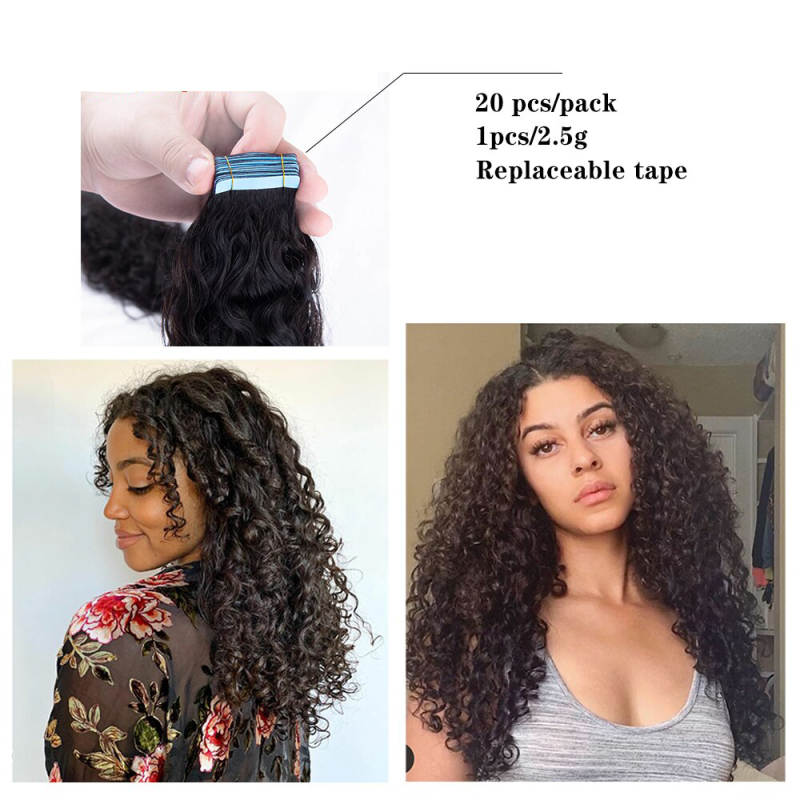 100% Real Human Hiar Tape In Extensions Remy Kinky Curly Natural Skin Weft Tape On Adhesive Invisible