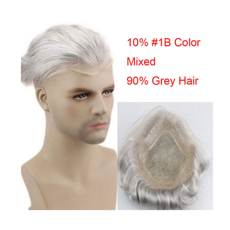 Men's Toupee 10×8 inch 1B Mix 80% Grey Hair Thin Skin Hairpiece Hair Replacement System Monofilament Net Base for Men
