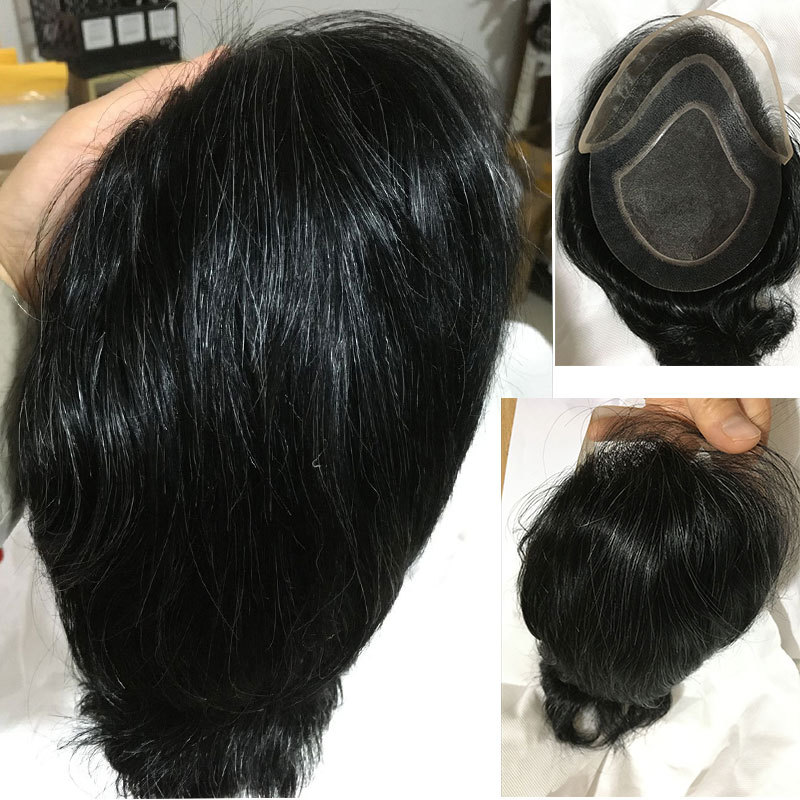 Men's Toupee 10×8 inch 1B Mix 80% Grey Hair Thin Skin Hairpiece Hair Replacement System Monofilament Net Base for Men