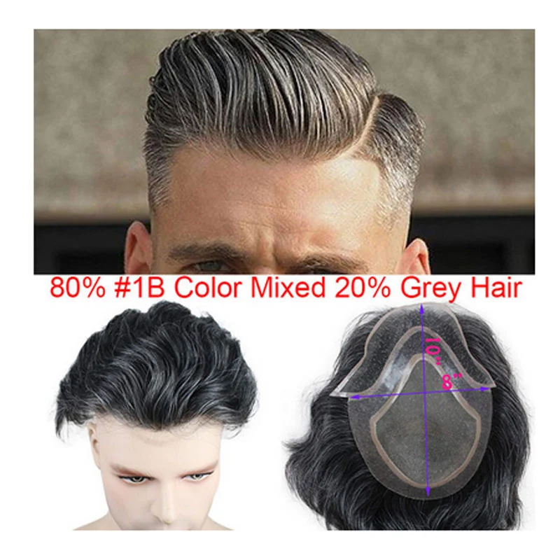 Men's Toupee 10×8 inch 1B Mix 80% Grey Hair Thin Skin Hairpiece Hair Replacement System Monofilament Net Base for Men