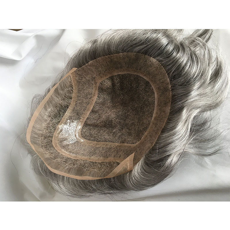 Men's Toupee 10×8 inch 1B Mix 80% Grey Hair Thin Skin Hairpiece Hair Replacement System Monofilament Net Base for Men