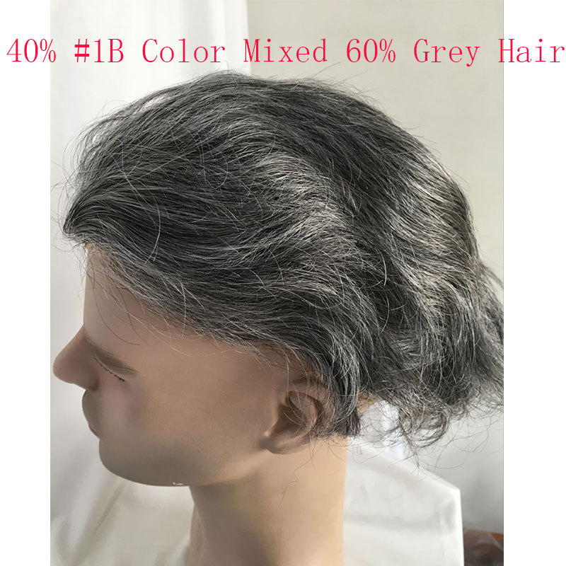 Men's Toupee 10×8 inch 1B Mix 80% Grey Hair Thin Skin Hairpiece Hair Replacement System Monofilament Net Base for Men