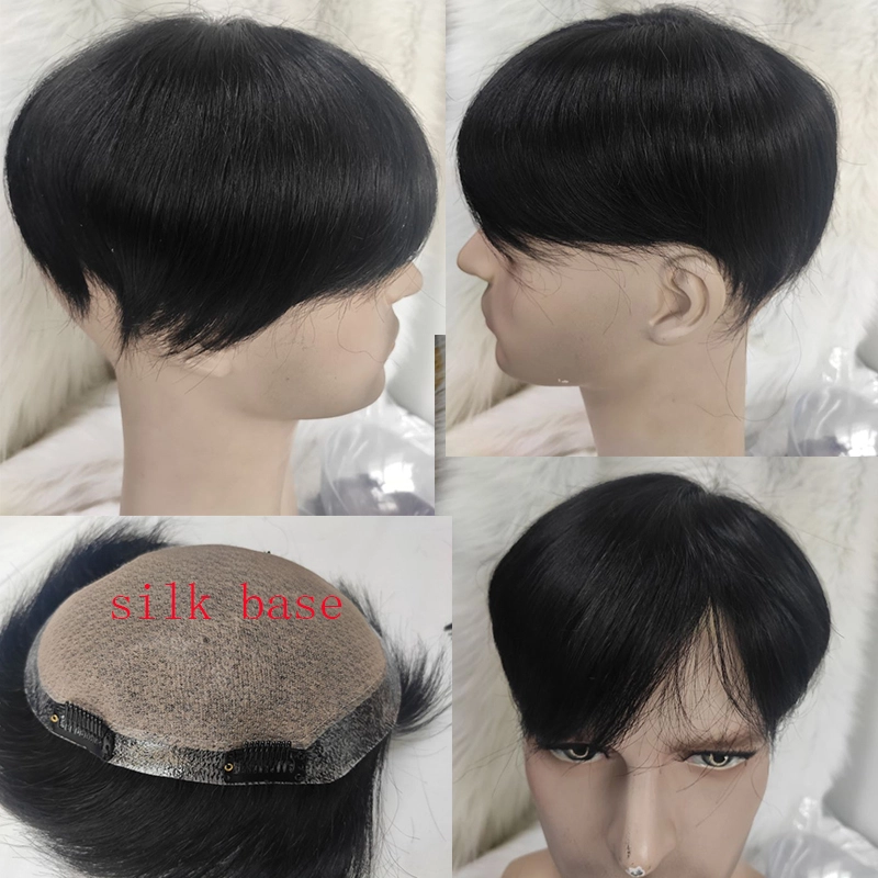 Pwigs Toupee For Men Silk Base Toupee Real Human Hair Replacement System For Men Hair pieces Natural Hairline Clip in Crown 1B Color