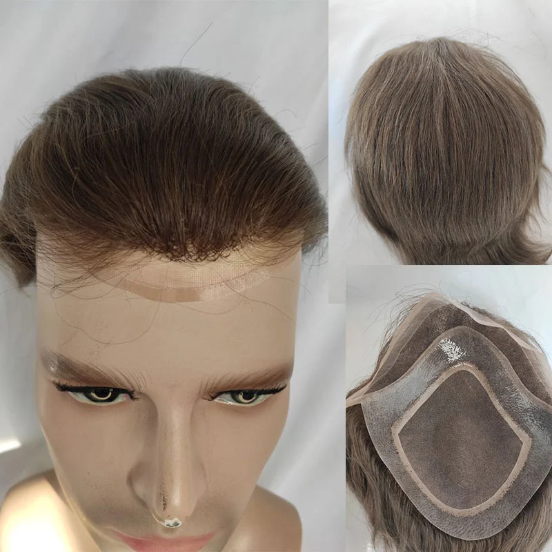 Men's Toupee 10x8 Human Hair 7# Brown Mens Toupee Thin Skin Around with Mono Lace with PU