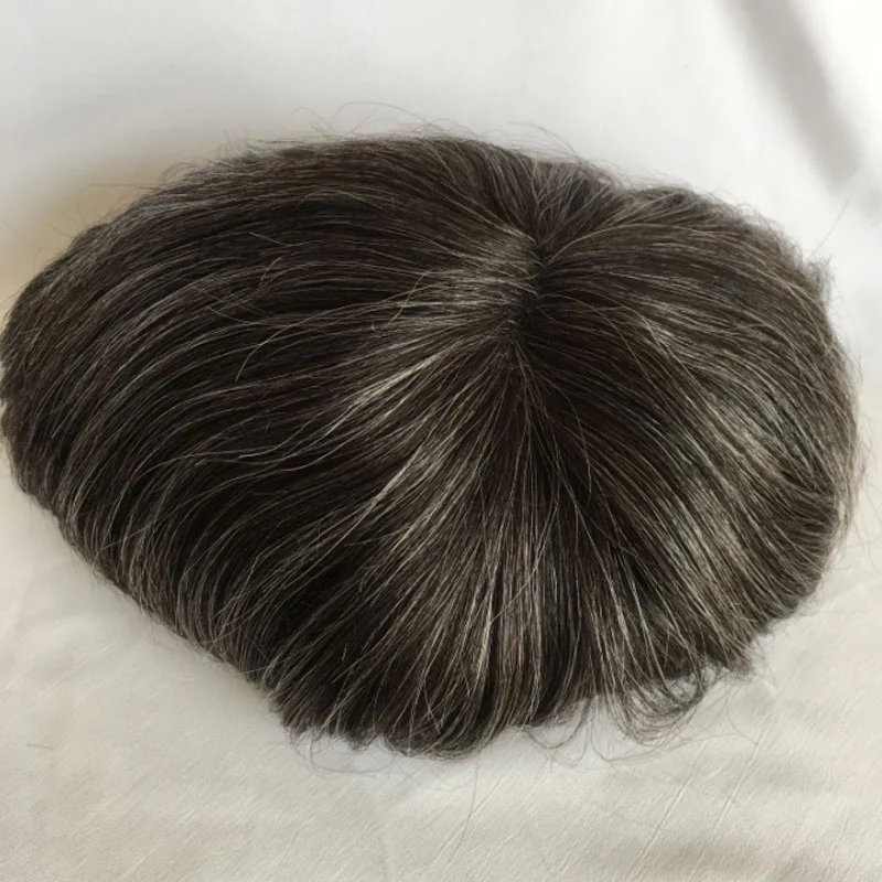 Toupee For Man's Hair Replacement System Wigs With Soft Thin 10&quot;X 8&quot; Mono Lace Hairpiece 90% #5 Brown Human Hair Mixed 10% Grey Hair