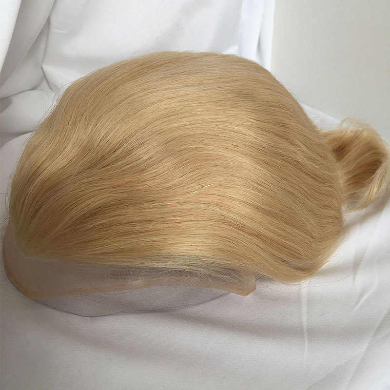 Toupee for Men with Transparent Swiss Lace with PU Around 10x8 Brazilian Human Hair Straight Hair Pieces for Men #60 Platinum Blonde