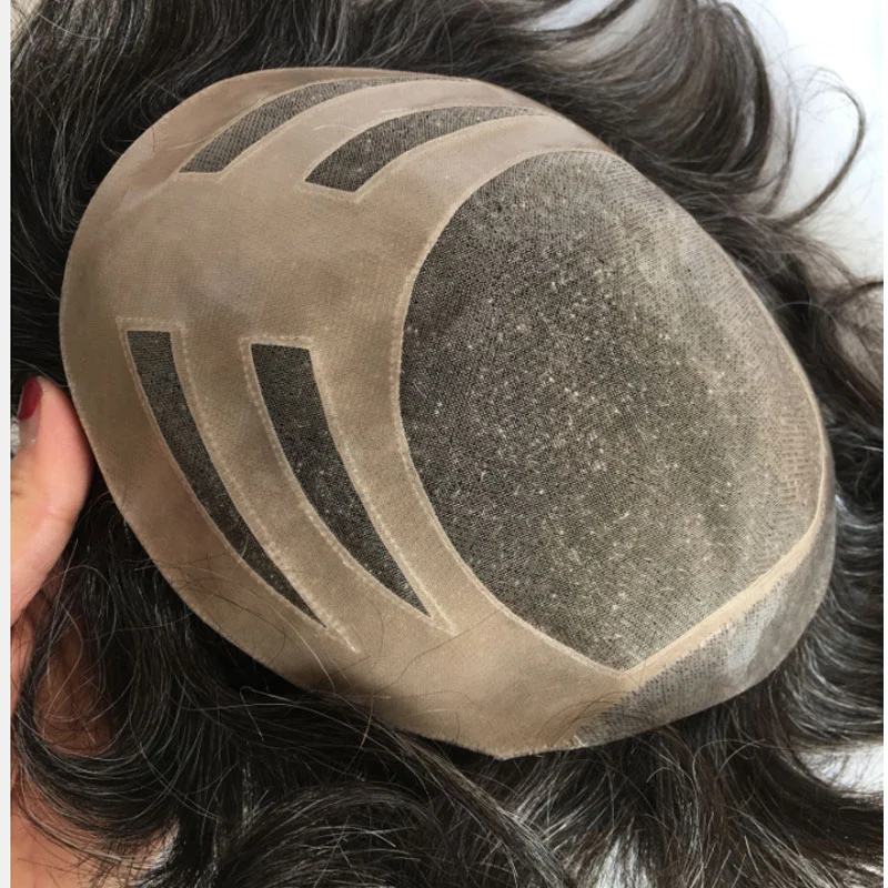 Toupee For Man's Hair Replacement System Wigs With Soft Thin 10&quot;X 8&quot; Mono Lace Hairpiece 90% #5 Brown Human Hair Mixed 10% Grey Hair