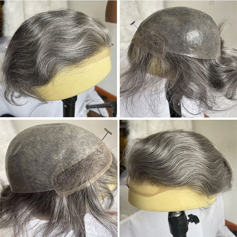 Toupee for Men 100% Human Hair Swiss Lace Front Hair Pieces PU V-looped Men's Hair Replacement System 1B Mixed 80% Grey Hair