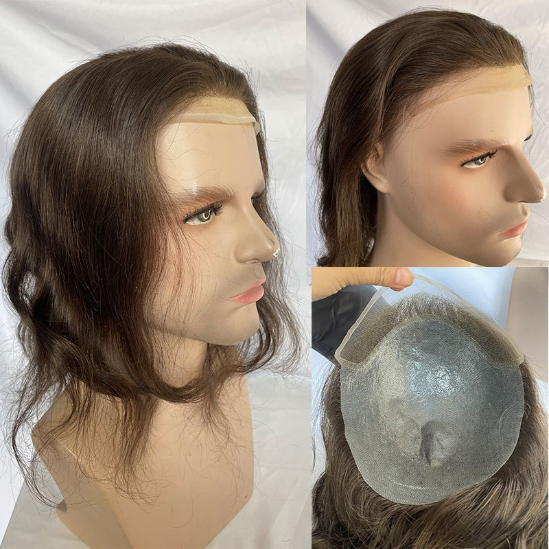12" Long Toupee For Men 100% Virgin Human Hair Replacement System for Men 10"x8" Base Size Swiss Lace Front With PU Toupee Hair