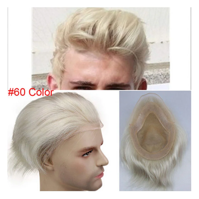 Toupee for Men with Transparent Swiss Lace with PU Around 10x8 Brazilian Human Hair Straight Hair Pieces for Men #60 Platinum Blonde