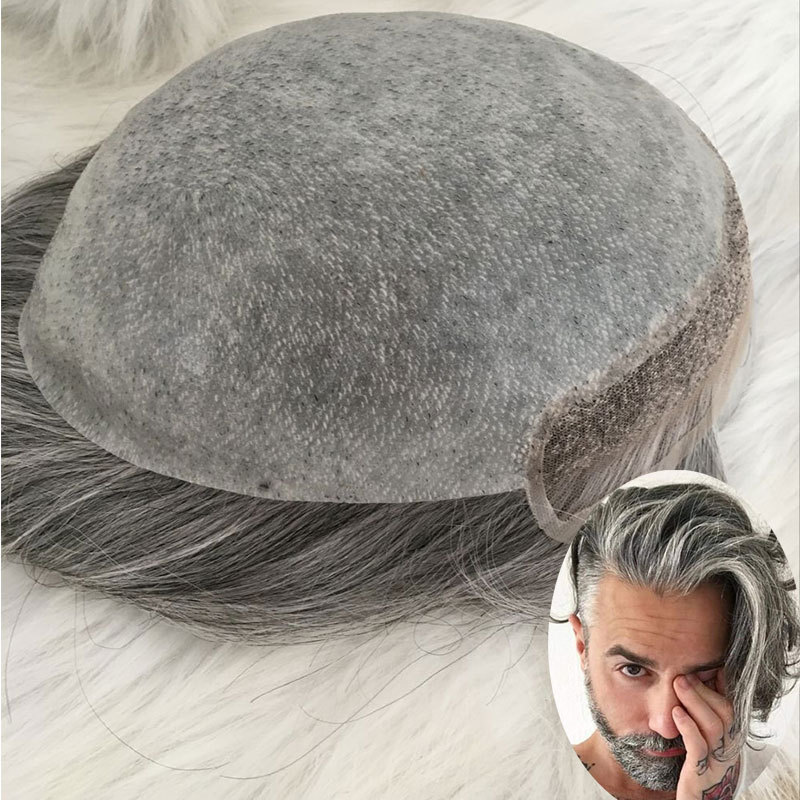 Toupee for Men 100% Human Hair Swiss Lace Front Hair Pieces PU V-looped Men's Hair Replacement System 1B Mixed 80% Grey Hair