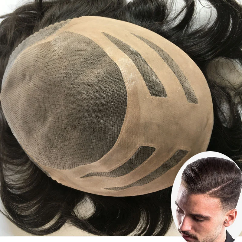 Wholesale Toupee For Man's Hair Replacement System Wigs With Soft Thin 10"X 8" Mono Lace Hairpiece 90% #5 Brown Human Hair Mixed 10% Grey Hair