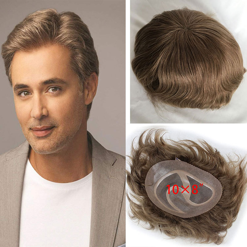 European Virgin Human Hair Toupee for Men 10x8inch Mono Lace with PU Around Slight Wavy Men's Hairpiece Replacement System 3# Color