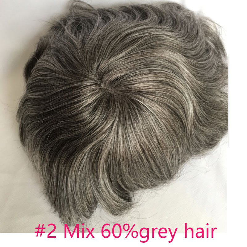 Men's Toupee Human Hair Monofilament Net Base Thin Skin Around with Combs Toupee for Men #2 Mixed 60% Grey