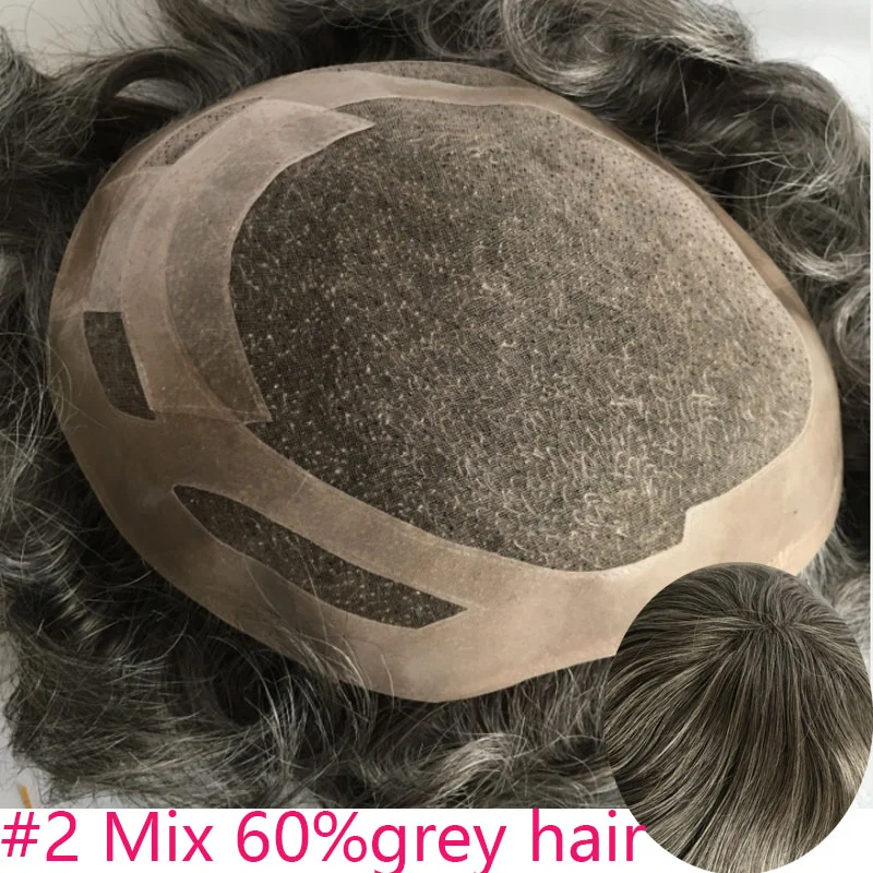 Men's Toupee Human Hair Monofilament Net Base Thin Skin Around with Combs Toupee for Men #2 Mixed 60% Grey