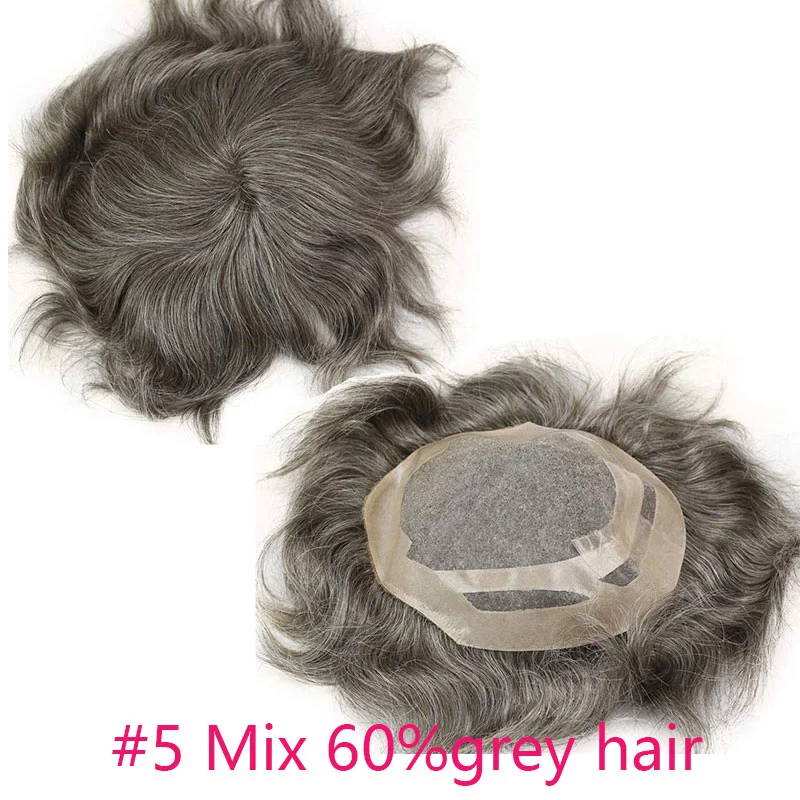 Men's Toupee Human Hair Monofilament Net Base Thin Skin Around with Combs Toupee for Men #2 Mixed 60% Grey