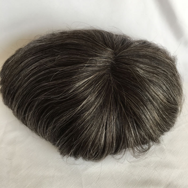 Men's Toupee 10x8 Human Hair 5# Color Mix 10% Grey HairThin Skin Hairpiece Hair Replacement System Monofilament Net Base for Men