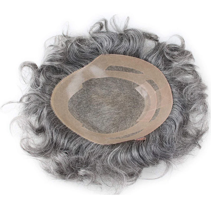 Men's Toupee Human Hair Monofilament Net Base Thin Skin Around with Combs Toupee for Men #2 Mixed 60% Grey