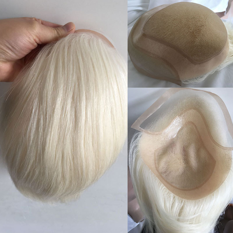 Human Hair Piece Wigs Toupee for Men Hair Replacement System Human Hair Toupee For Men Natural Lace Front with Skin 10x8 Straight 60# White Color