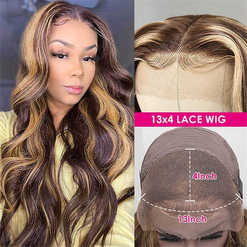 4/27 Honey Blonde Highlight Body Wave Ombre Hd Lace Front Human Hair Wigs Free Part 30 Inch