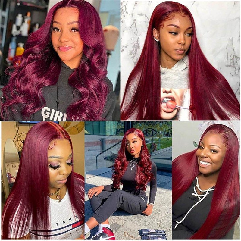 99J Straight/Body Wave 13X4 Burgundy Hd Lace Front Pre Plucked Colored Human Hair Wigs For Women