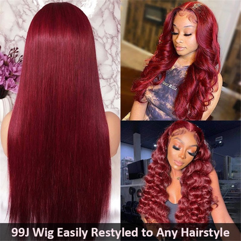 99J Straight/Body Wave 13X4 Burgundy Hd Lace Front Pre Plucked Colored Human Hair Wigs For Women