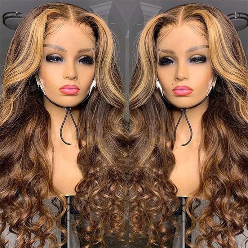 4/27 Honey Blonde Highlight Body Wave Ombre Hd Lace Front Human Hair Wigs Free Part 30 Inch