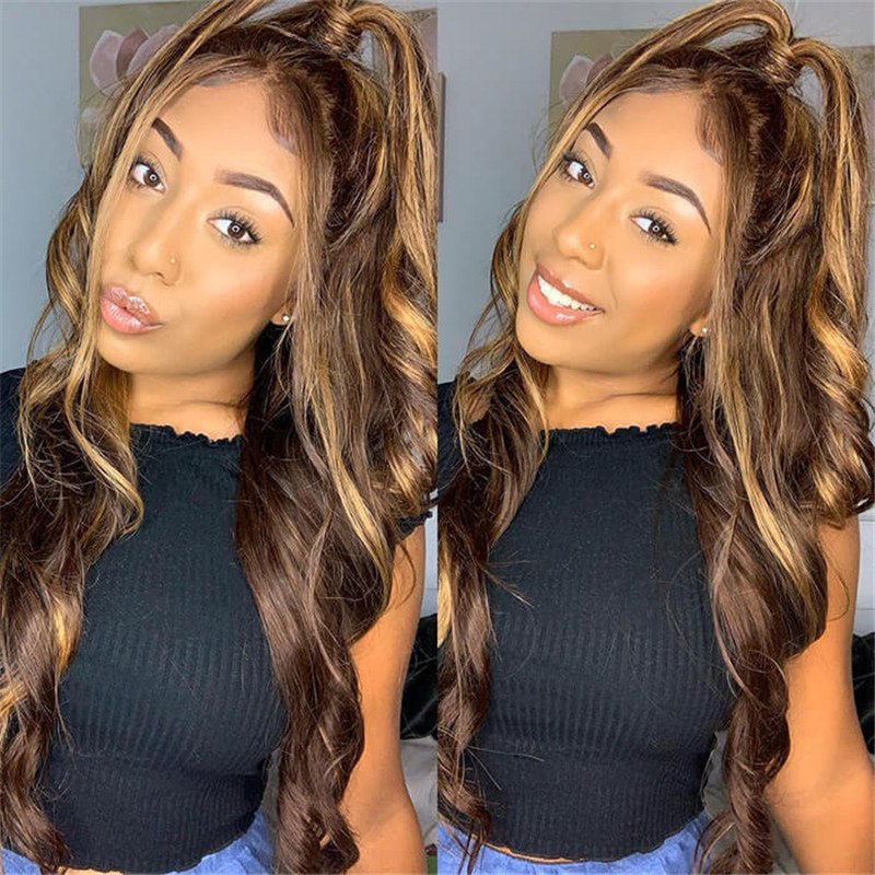 4/27 Honey Blonde Highlight Body Wave Ombre Hd Lace Front Human Hair Wigs Free Part 30 Inch