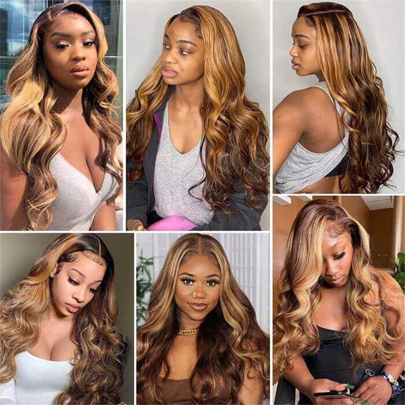 4/27 Honey Blonde Highlight Body Wave Ombre Hd Lace Front Human Hair Wigs Free Part 30 Inch