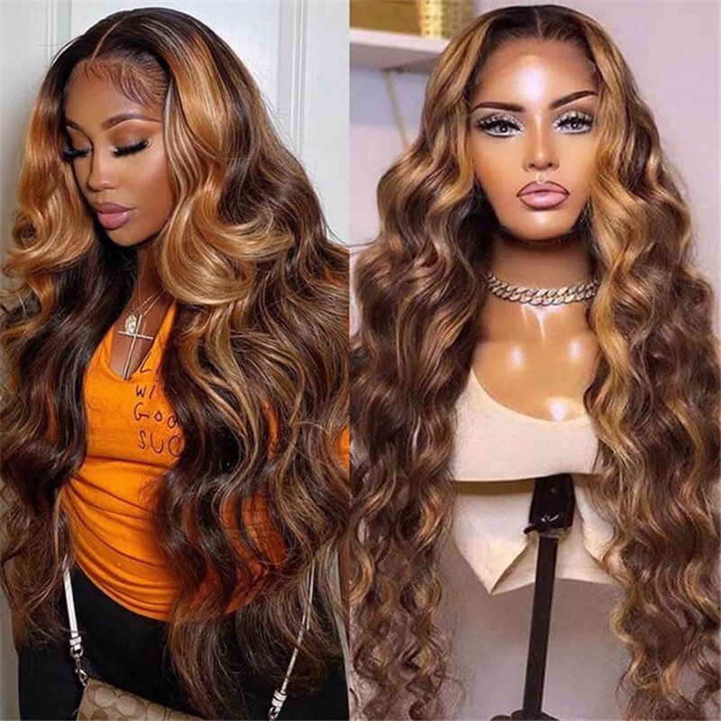 4/27 Honey Blonde Highlight Body Wave Ombre Hd Lace Front Human Hair Wigs Free Part 30 Inch