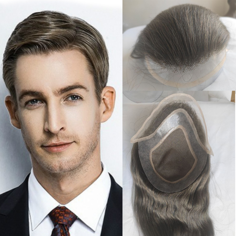 Long Human Hair Toupee for Men 12inch 10x8 Hairpieces Human Hair Mens Toupee Mono Net with PU around Natural Black Color Men Wigs