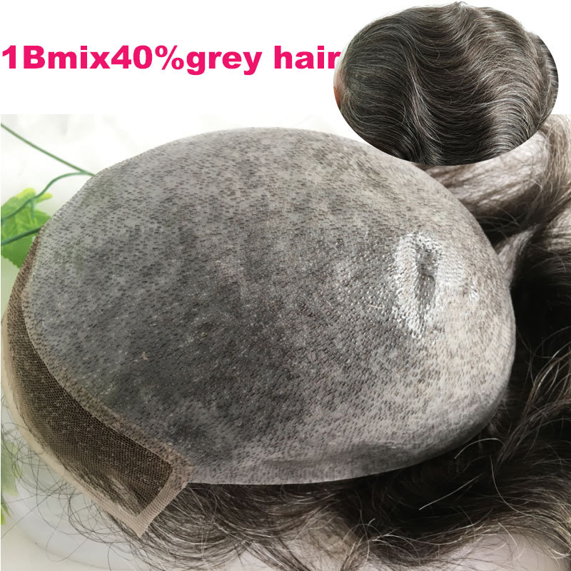 Swiss Lace Front Hair Pieces PU Men's Hair Replacement System 1B Black Hair Mixed 40% Grey Hair Toupee For Black Men's Toupee Hair Men