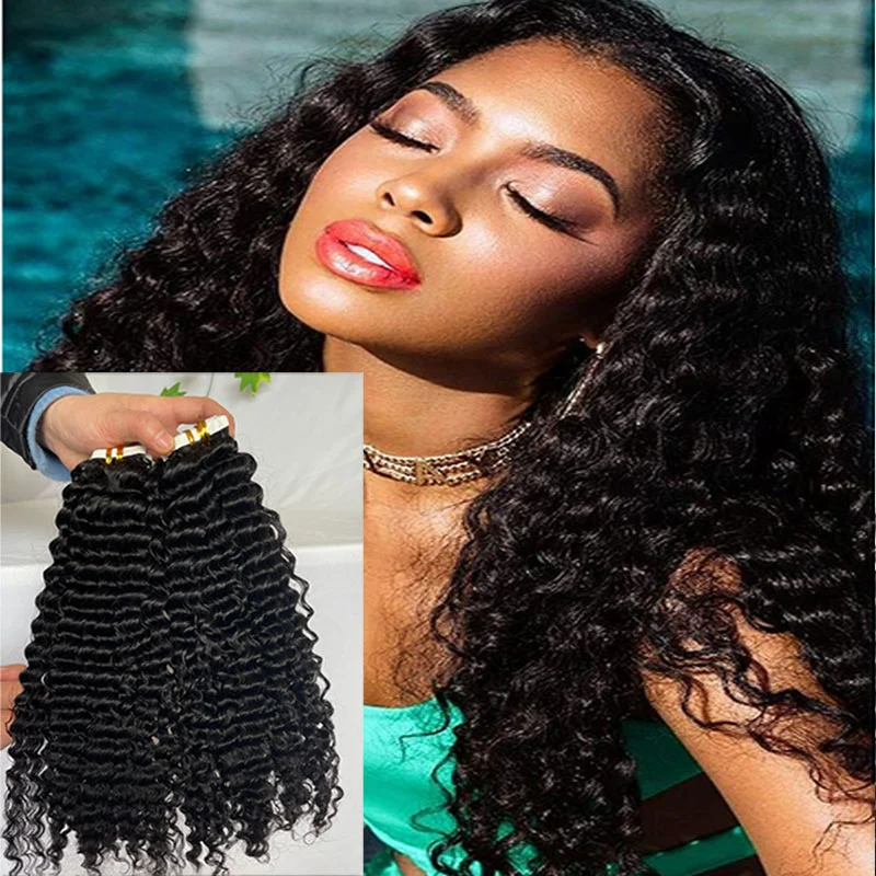 Brazilian Tape in Human Hair Extensions For Women Skin Weft Tape in Hair Deep Wave Curly 100% Human Hair Extensions 40pcs 100g