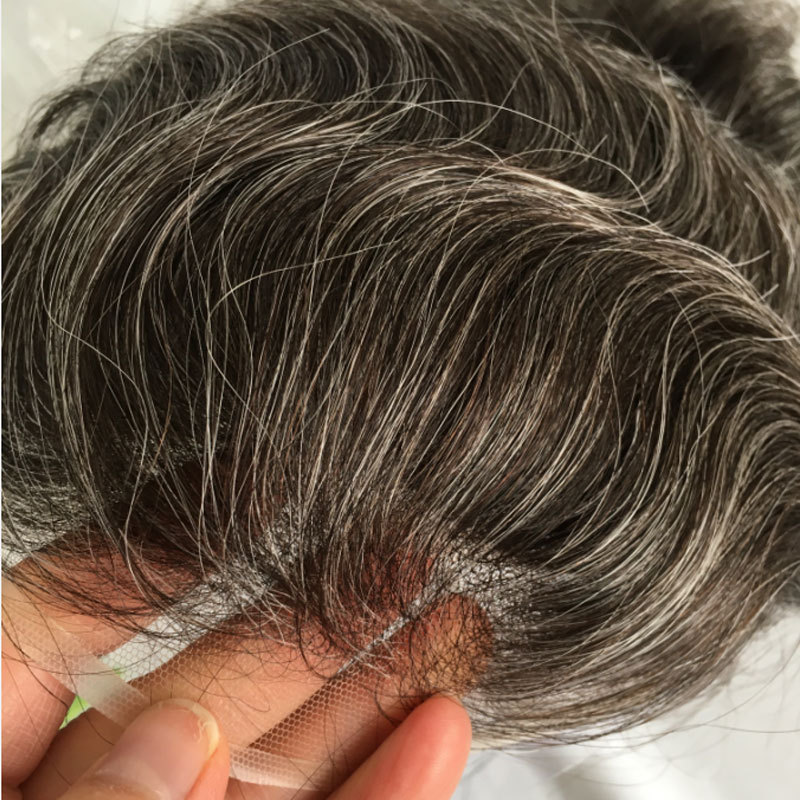 Swiss Lace Front Hair Pieces PU Men's Hair Replacement System 1B Black Hair Mixed 40% Grey Hair Toupee For Black Men's Toupee Hair Men