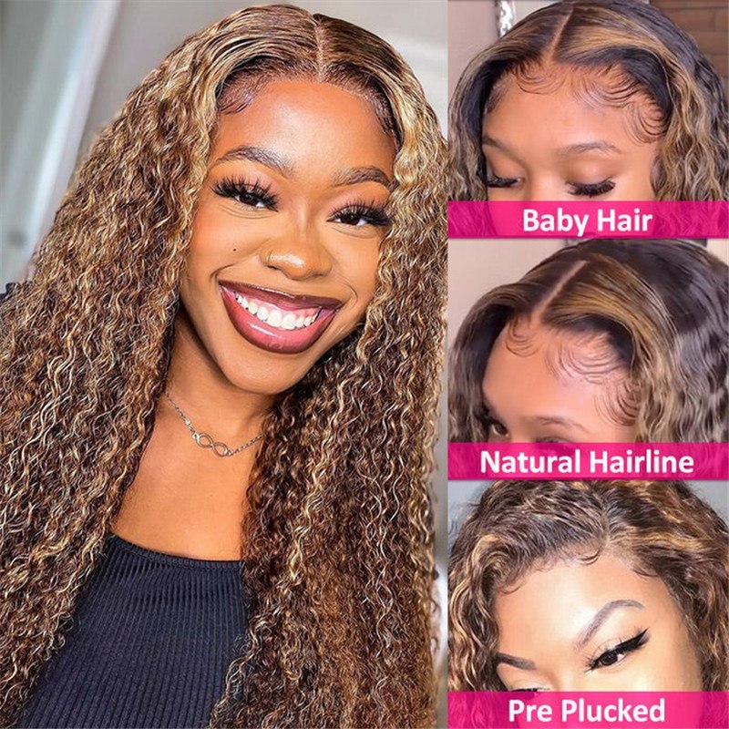 4/27 Curly Highlight Hd Lace Front Human Hair Wigs Pre Plucked Color Wig For African American