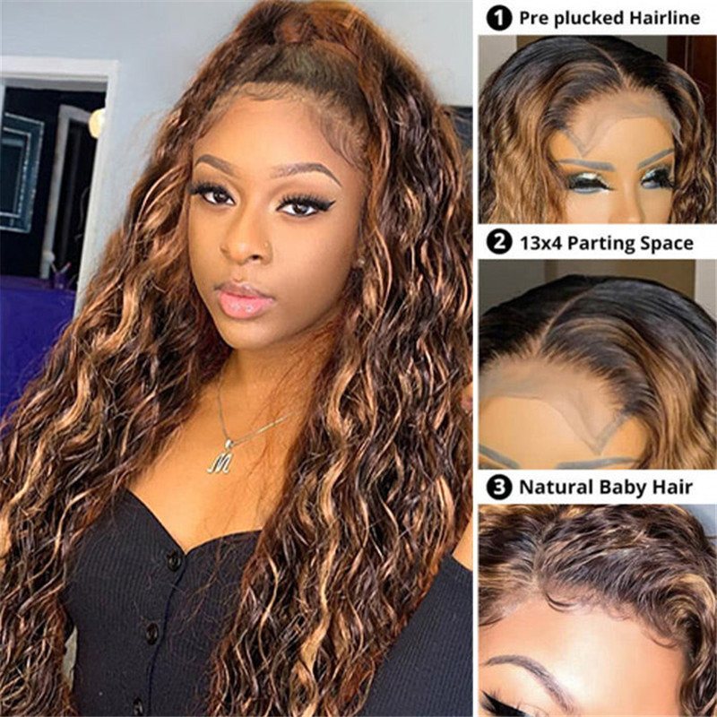 #4/30 Water Wave Highlight Hd Lace Front Human Hair Wigs Pre Plucked Fast Shipping